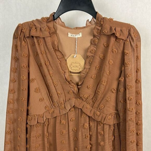 NEW Swiss Polka Dot Chiffon Dress Sz Small Pom Mini Tan Mocha Brown Long Sleeve - Picture 2 of 10